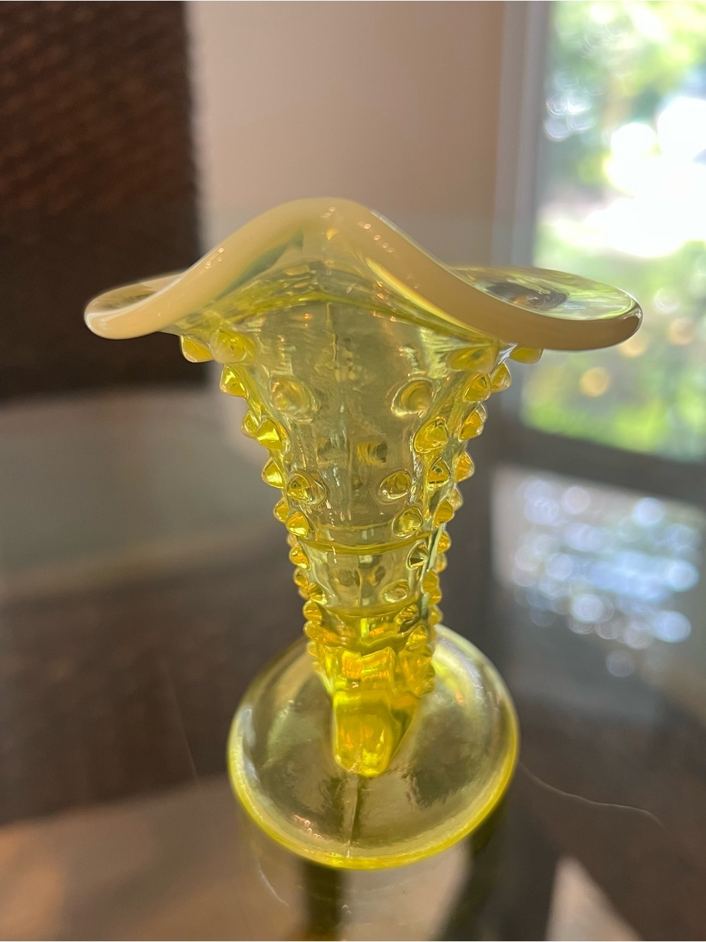 Fenton Topaz Opalescent Hobnail Cornucopia Candleholder - GLOWS - Picture 6 of 8